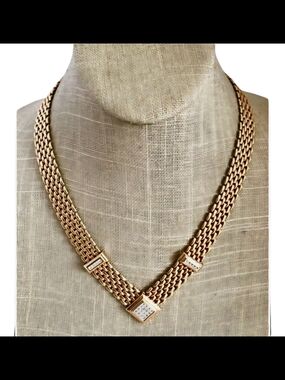 Vintage AVON Chain Design V Shape Pave Rhinestone Push Lock Gold Tone Necklace